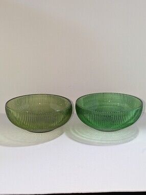 Vintage E.O. Brody Co. Translucent Green Ribbed Glass Bowls - USA 1960s MCM 6.5"